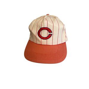 Vintage 80 Cincinnati Reds Pinstripe Hat W/ Bob Evans & 700 WLW Logos Adjustable